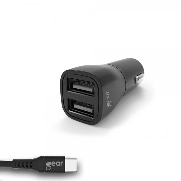 Gear Billader 2xUSB 3.4A USB-C Kabel 1m Sort