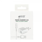 Gear Oplader 2xUSB 3.4A Hvid USB-C Kabel 1m