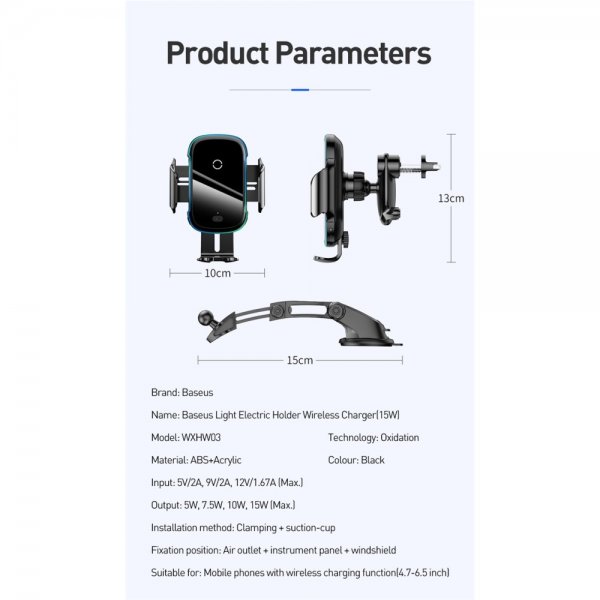 Baseus Bilholder Light Electric Holder Trådløs Oplader