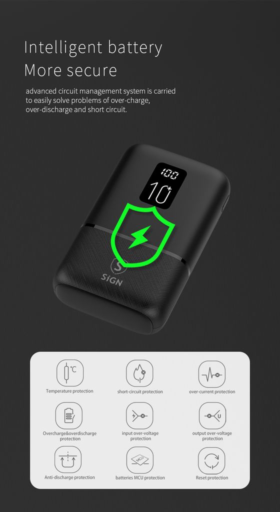SiGN Mini Powerbank med Display 10 000mAh Sort