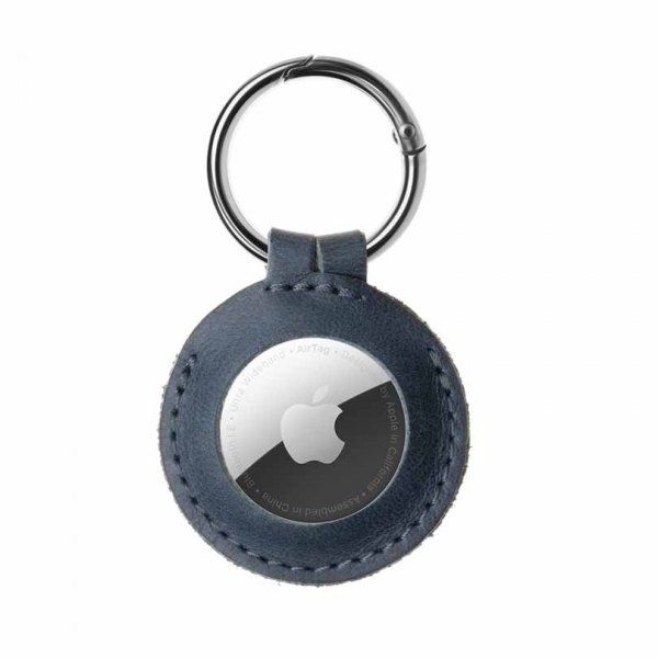 Fastgjort Apple AirTag Holder Ægte Læder Nøglering Etui Blå