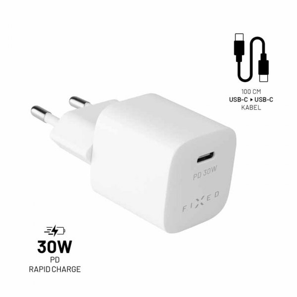 Fixed Oplader med Kabel Mini PD Travel Charger Kit USB-C/USB-C 30W Hvid