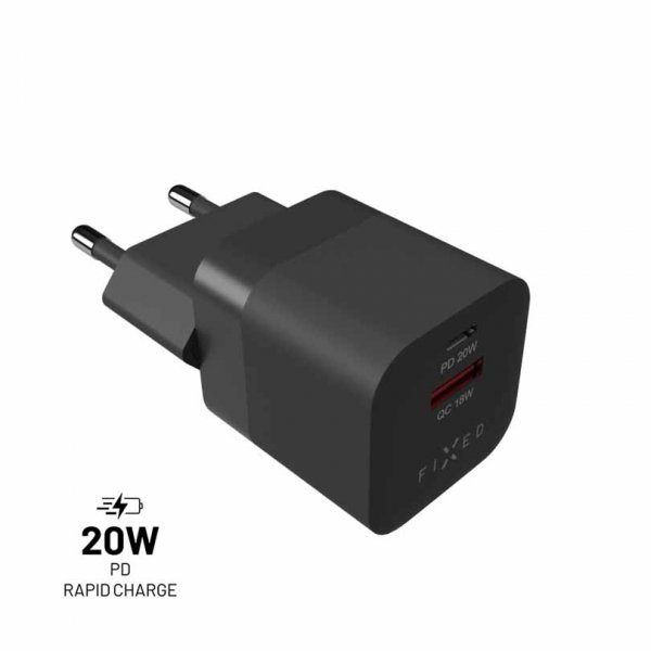 Fixed Laddare Mini PD Travel Charger USB-C & USB-A 20W Sort