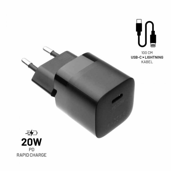 Fixed Oplader med Kabel Mini PD Rejseoplader Kit USB-C/Lightning 20W Sort