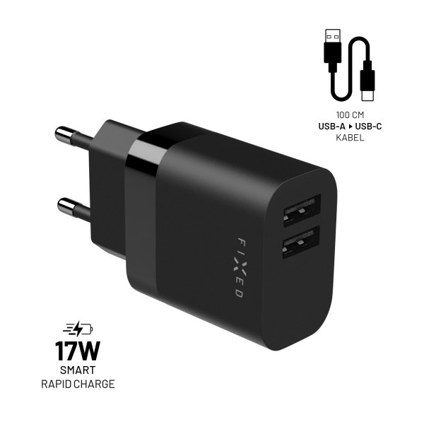Fixed Oplader med USB-C Kabel 1m 2xUSB-A 17W Sort