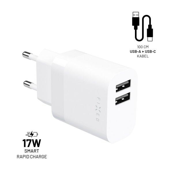 Fixed Oplader med USB-C Kabel 1m 2xUSB-A 17W Hvid