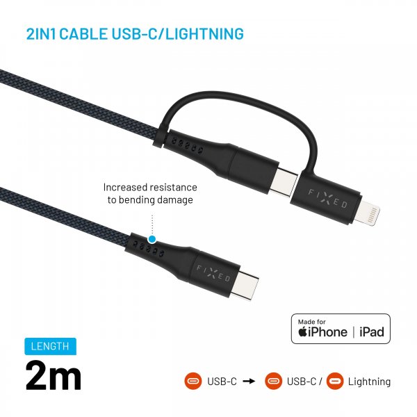 Fixed Kabel 2in1 USB-C/Lightning 60W 2m Sort