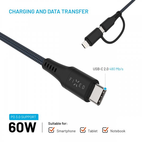 Fixed Kabel 2in1 USB-C/Lightning 60W 2m Sort