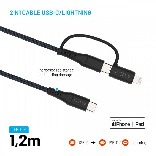 Fixed Kabel 2-i-1 USB-C/Lightning 60W 1,2m Sort
