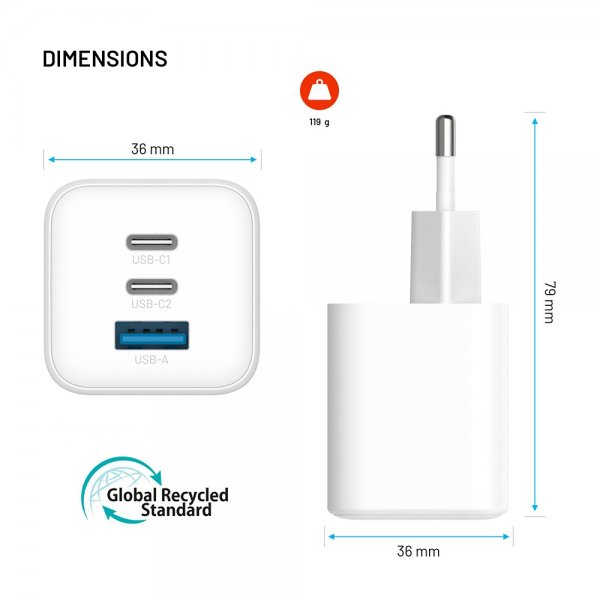 Fixed Oplader Mini PD 65W GaN USB-A & USB-C