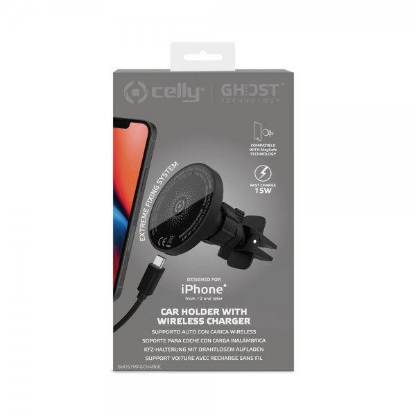 Celly Bilholder Car Holder med Trådløs Oplader 15W MagSafe