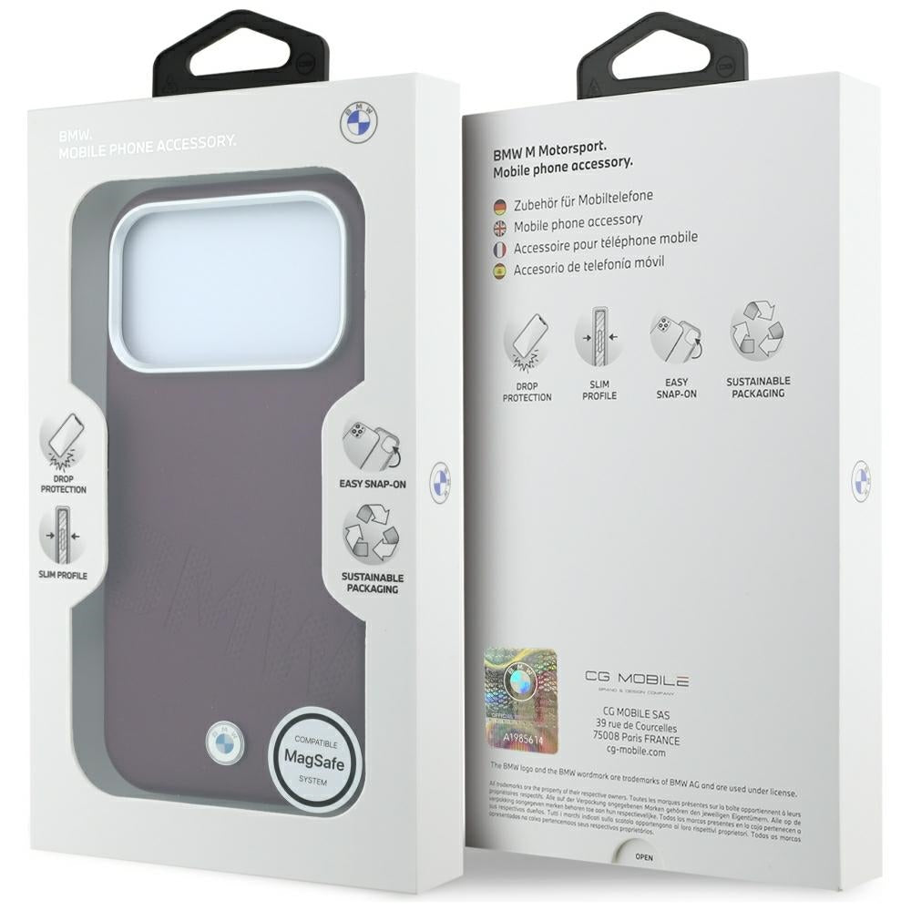BMW iPhone 17 Pro/iPhone 18 Pro Cover med skrå præget tekst i bordeaux