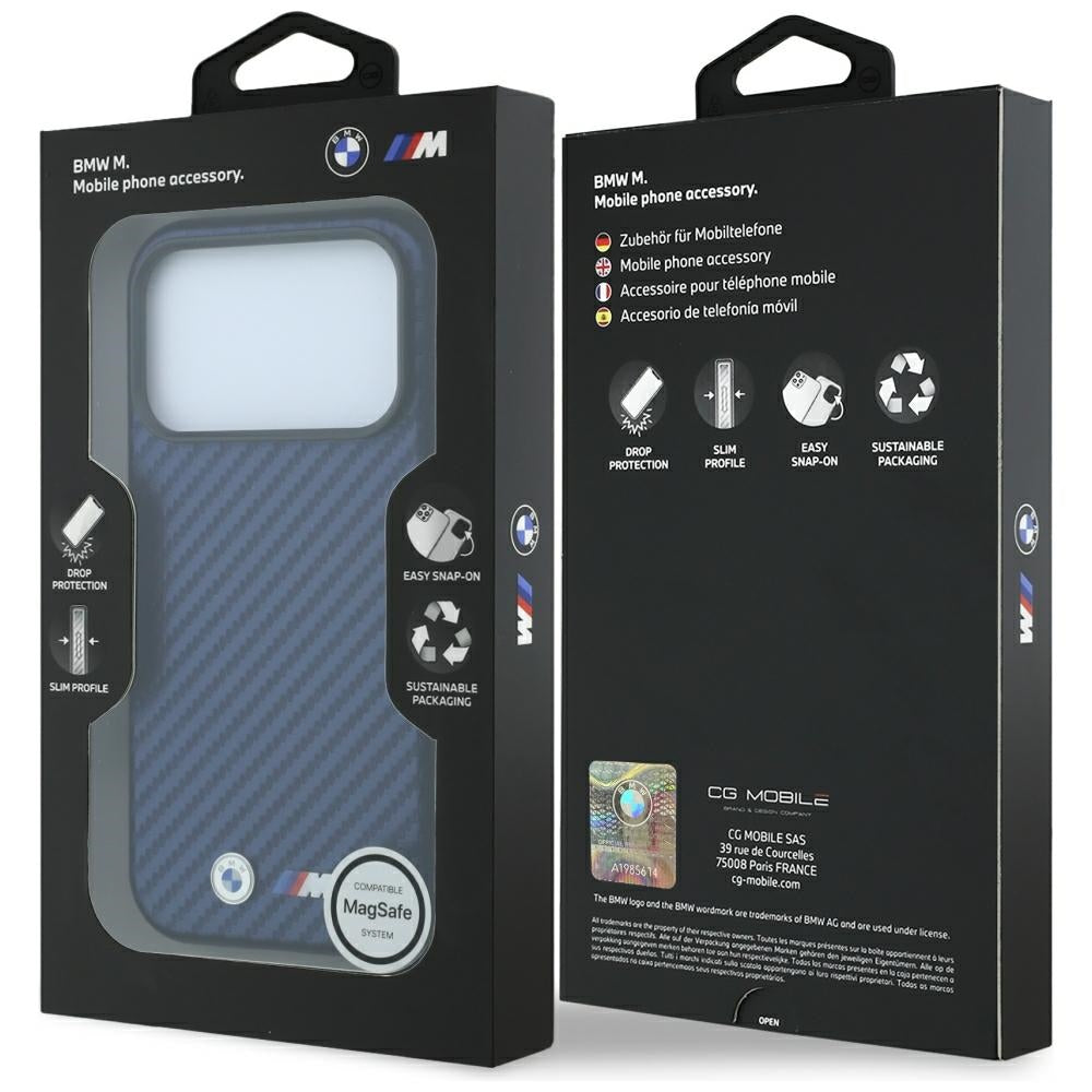 BMW iPhone 17 Pro/iPhone 18 Pro Cover M Carbon Metal-logo marineblå