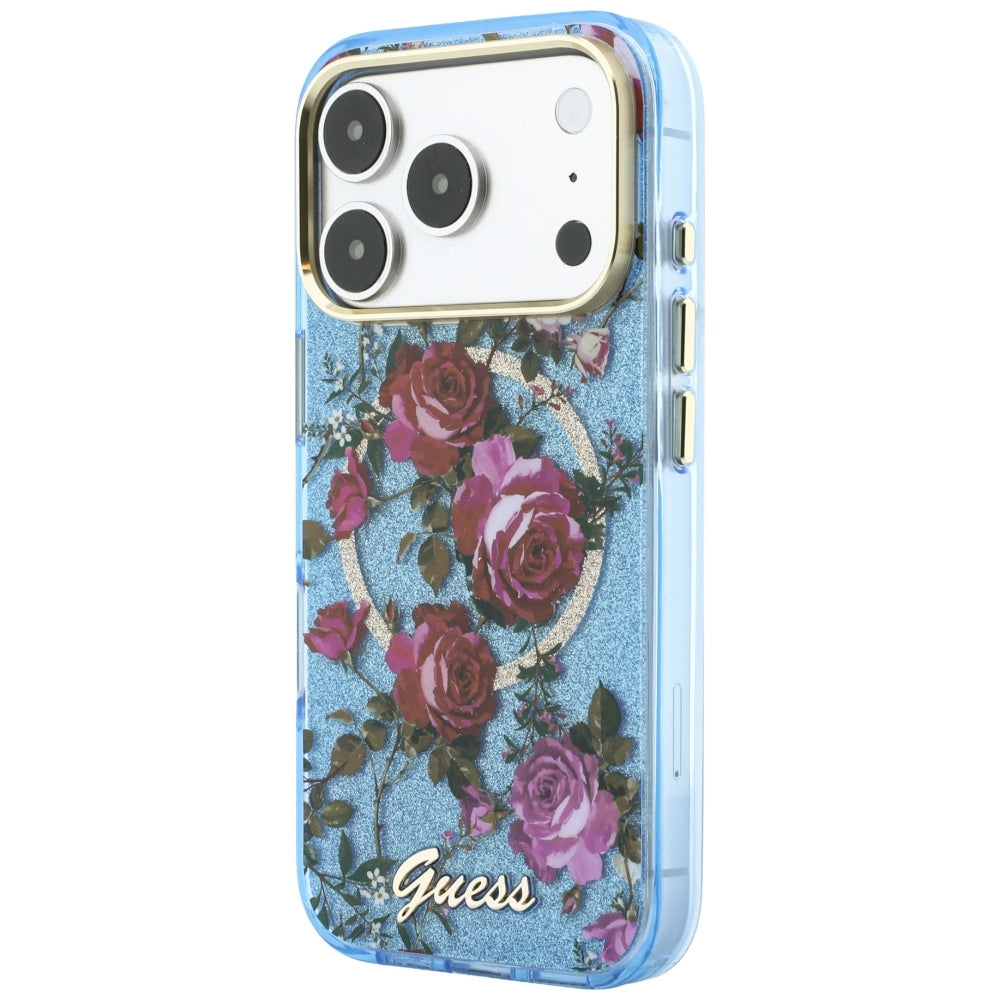 Guess iPhone 17 Pro Max/iPhone 18 Pro Max Cover Glitter Blossom Roses Blå