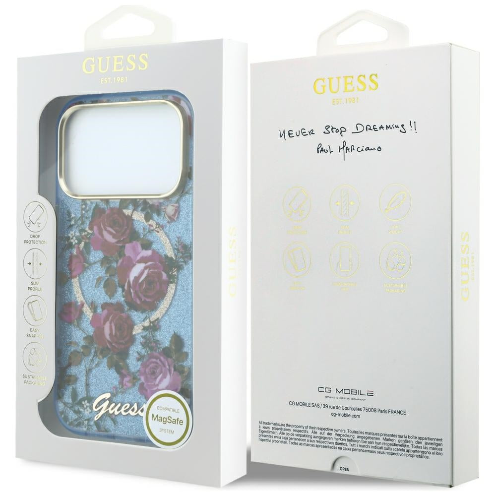 Guess iPhone 17 Pro Max/iPhone 18 Pro Max Cover Glitter Blossom Roses Blå