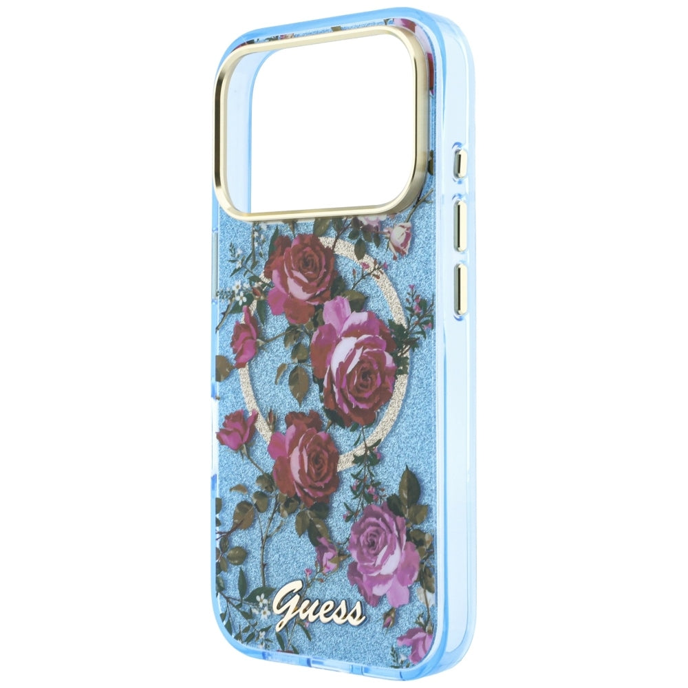 Guess iPhone 17 Pro/iPhone 18 Pro Cover Glitter Blossom Roses Blå