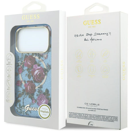 Guess iPhone 17 Pro/iPhone 18 Pro Cover Glitter Blossom Roses Blå