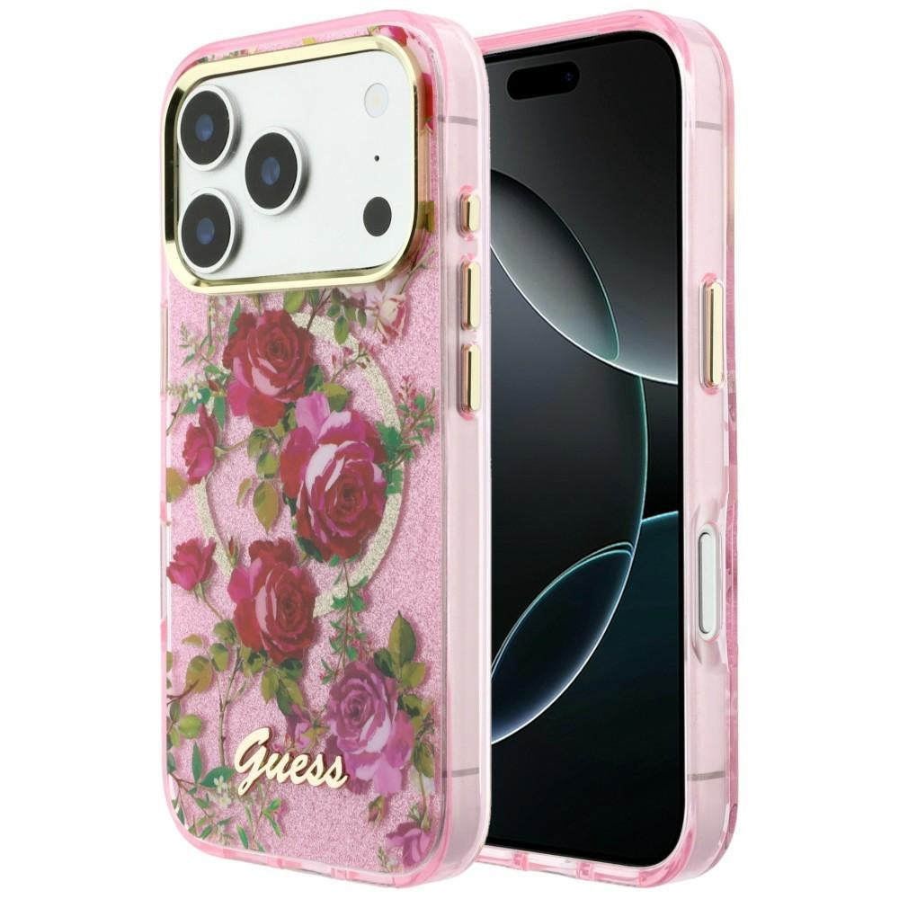 Guess iPhone 17 Pro/iPhone 18 Pro Cover Glitter Blossom Roses Lyserød