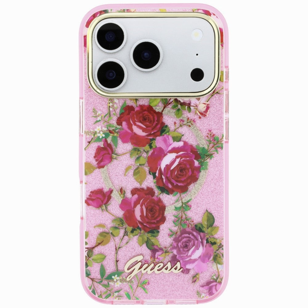 Guess iPhone 17 Pro/iPhone 18 Pro Cover Glitter Blossom Roses Lyserød