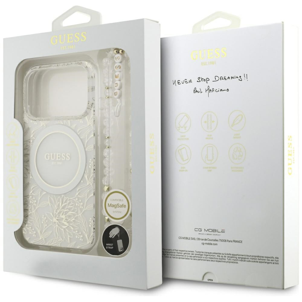 Guess iPhone 17 Pro/iPhone 18 Pro Cover Electroplated Flowers Pearl Strap Hvid