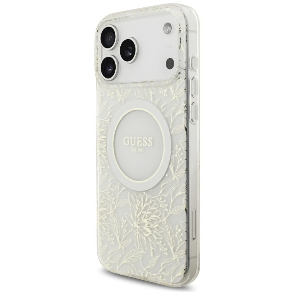 Guess iPhone 17 Pro Max/iPhone 18 Pro Max Cover Electroplated Flowers Pearl Strap Hvid