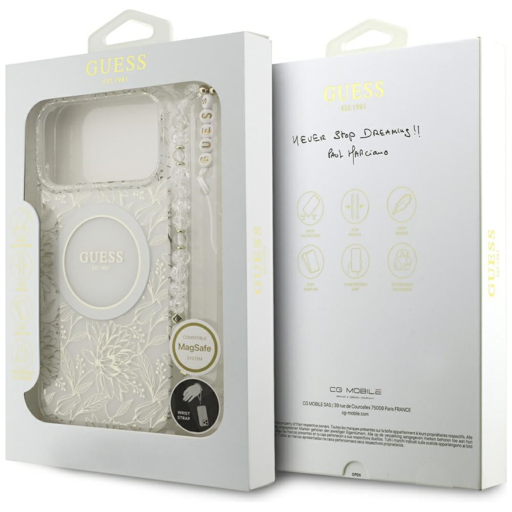 Guess iPhone 17 Pro Max/iPhone 18 Pro Max Cover Electroplated Flowers Pearl Strap Hvid