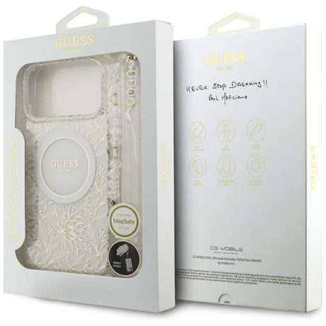 Guess iPhone 17 Pro Max/iPhone 18 Pro Max Cover Electroplated Flowers Pearl Strap Hvid