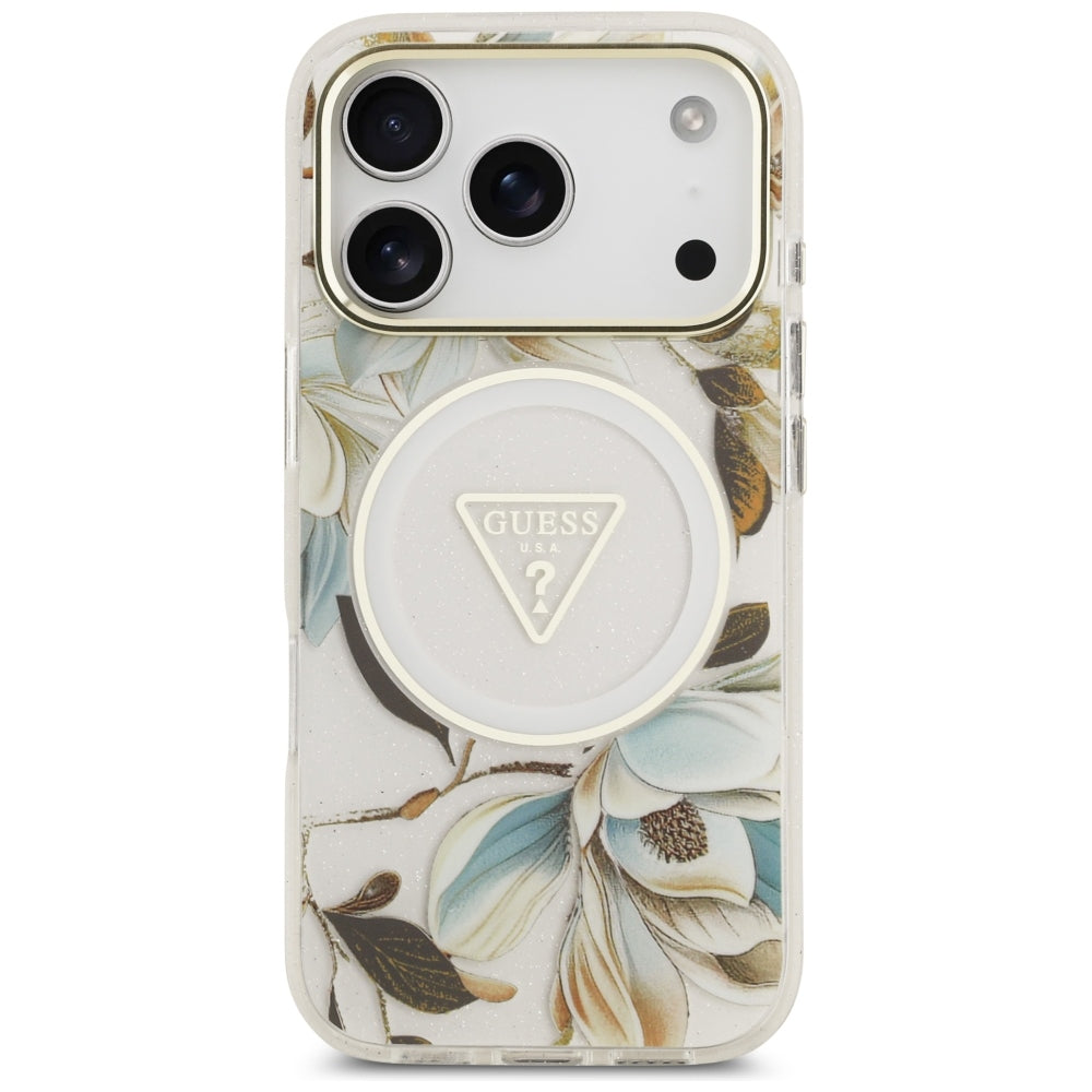 Guess iPhone 17 Pro/iPhone 18 Pro Cover Glitter Flowers Hvid