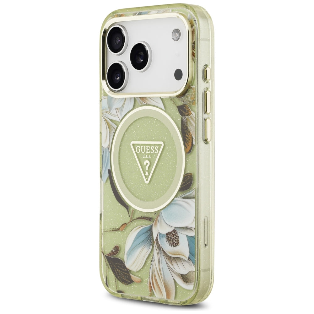Guess iPhone 17 Pro/iPhone 18 Pro Cover Glitter Flowers Grøn