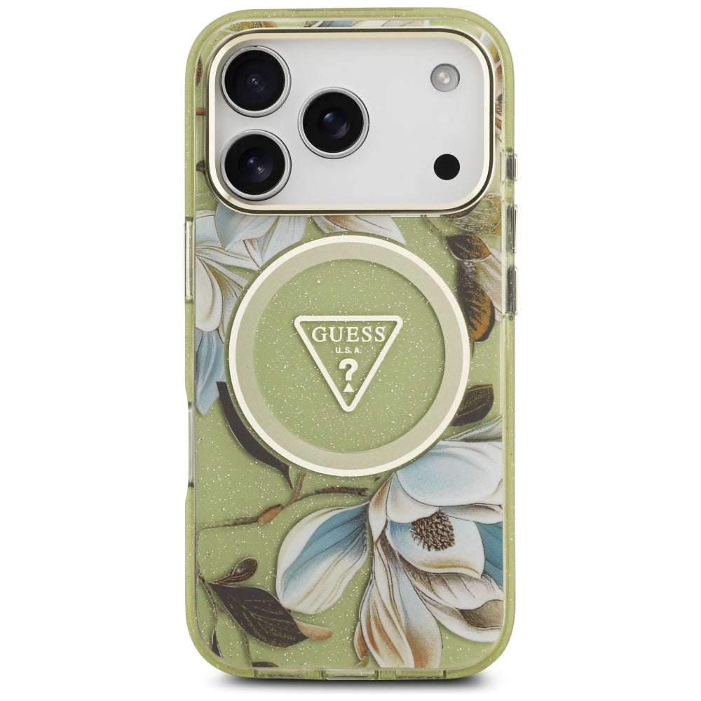 Guess iPhone 17 Pro/iPhone 18 Pro Cover Glitter Flowers Grøn