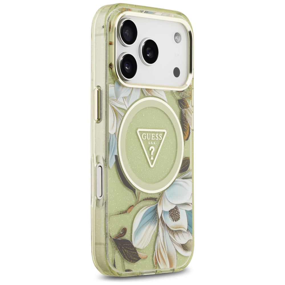 Guess iPhone 17 Pro/iPhone 18 Pro Cover Glitter Flowers Grøn