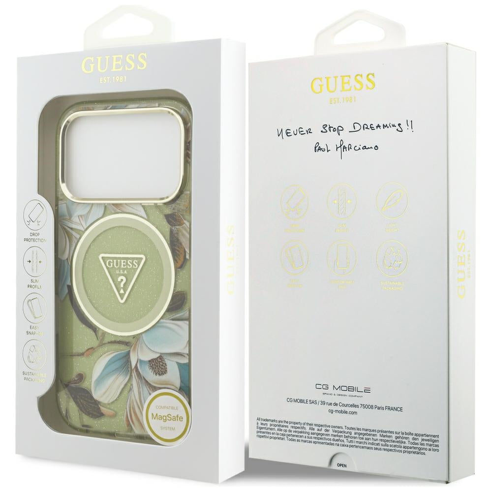 Guess iPhone 17 Pro/iPhone 18 Pro Cover Glitter Flowers Grøn