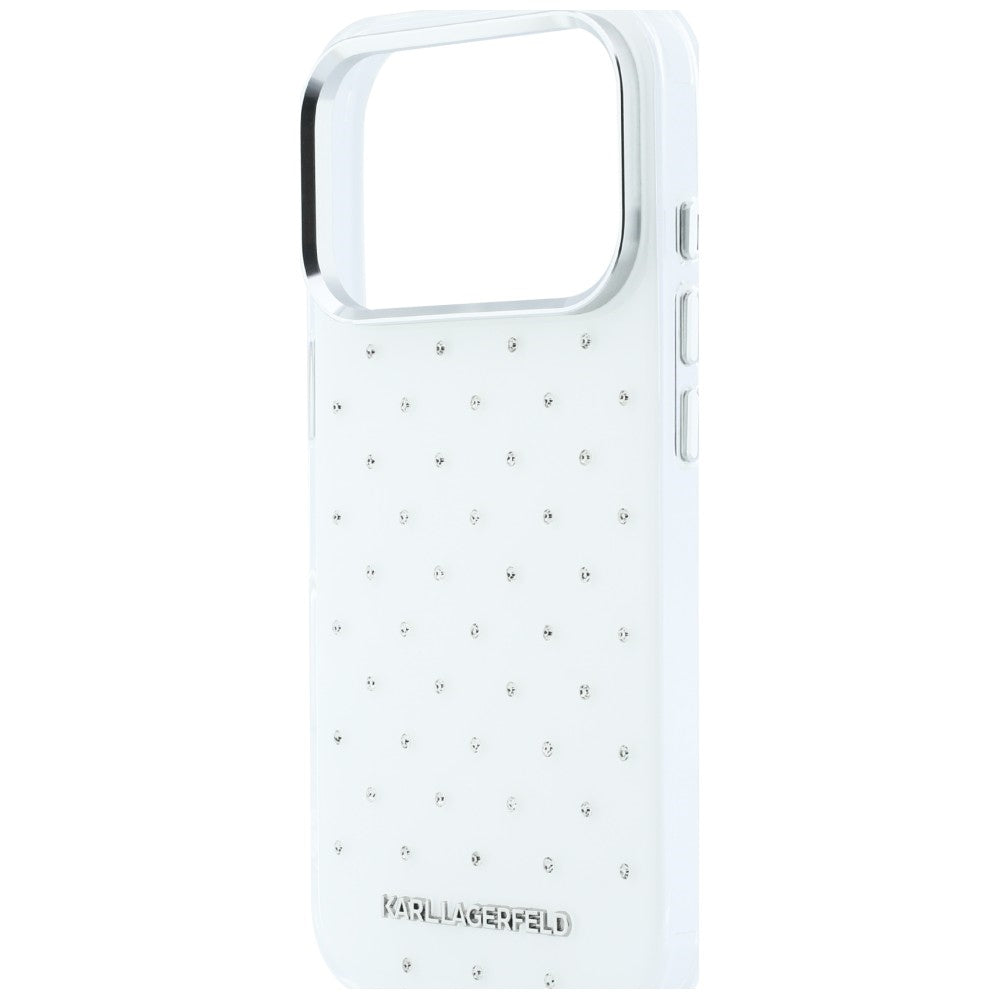 Karl Lagerfeld iPhone 17 Pro Max/iPhone 18 Pro Max Cover med rhinsten, elektropletteret logo, Hvid