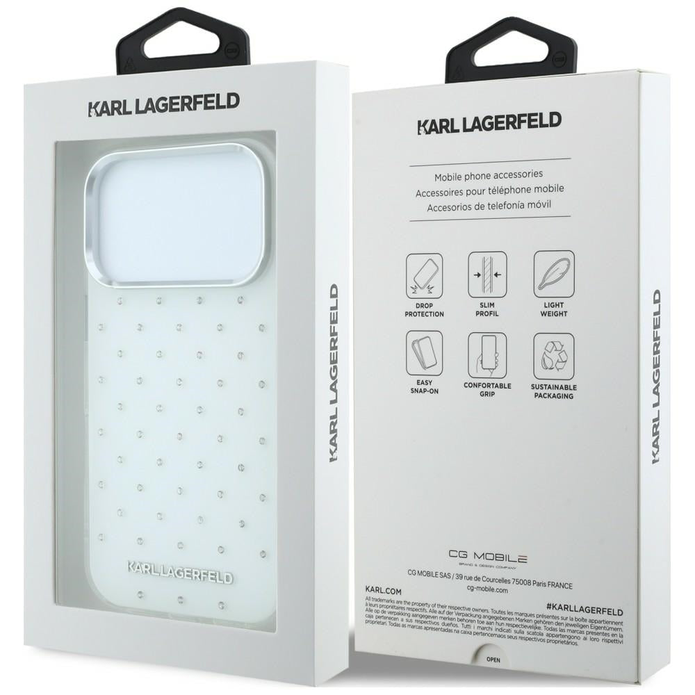 Karl Lagerfeld iPhone 17 Pro Max/iPhone 18 Pro Max Cover med rhinsten, elektropletteret logo, Hvid