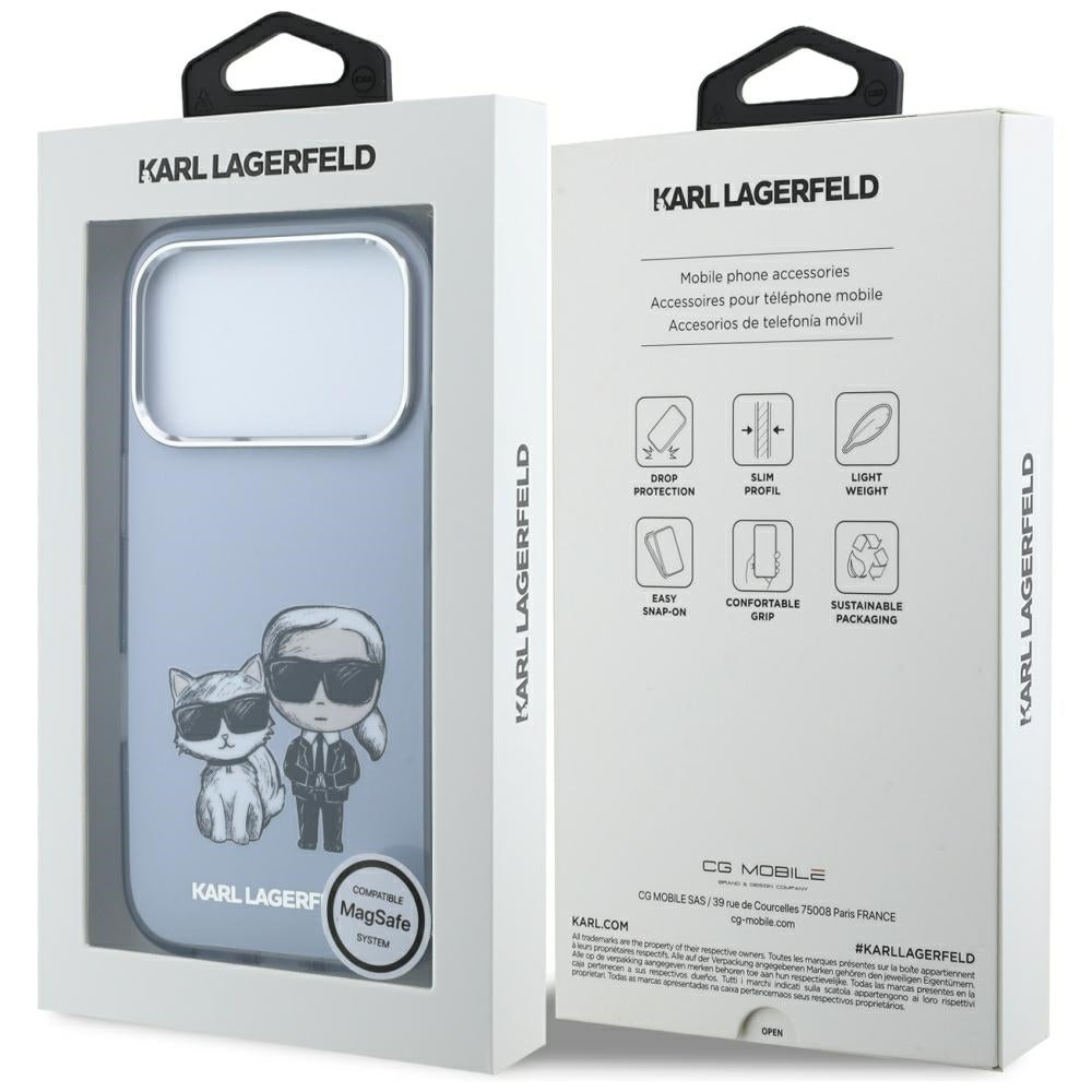 Karl Lagerfeld iPhone 17 Pro/iPhone 18 Pro Cover med Karl & Choupette-skitse i Blå