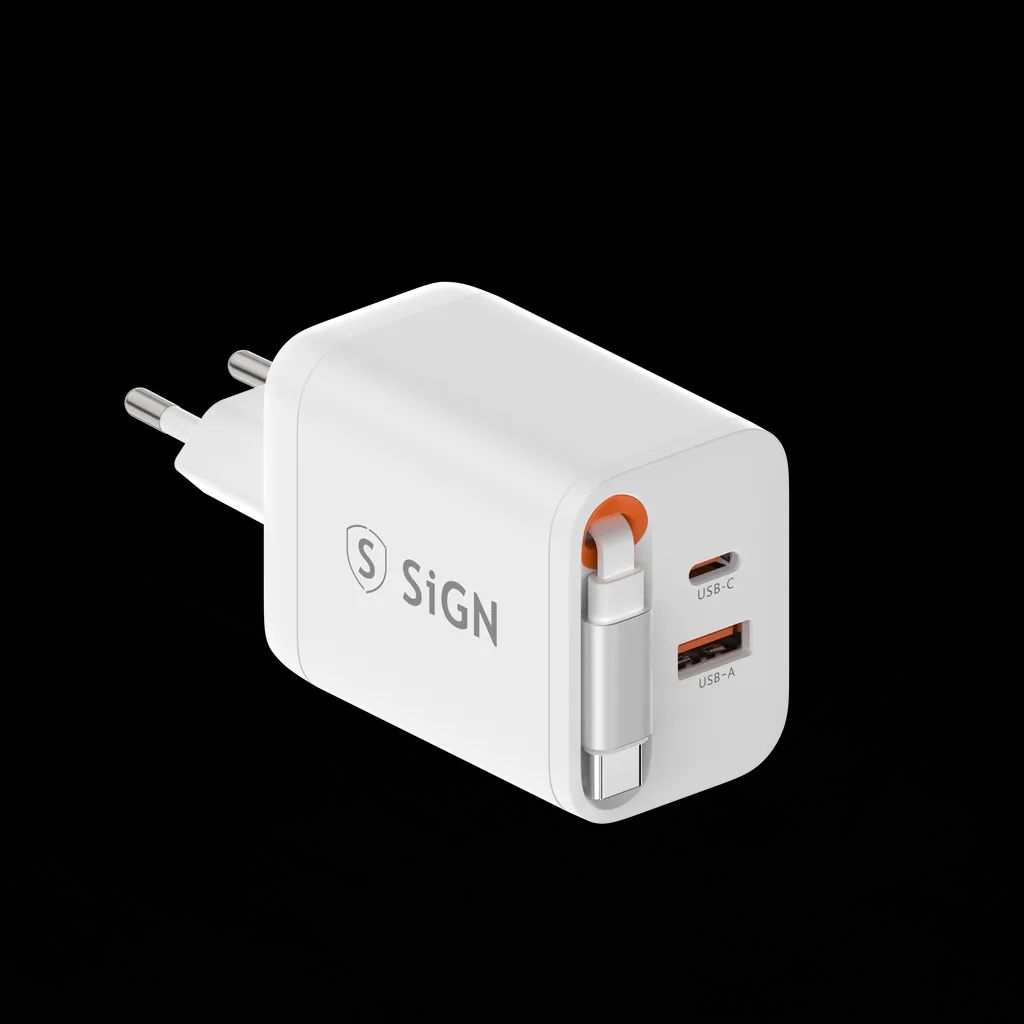 SiGN 65W Hurtiglader GaN med udtrækbar USB-C kabel Hvid