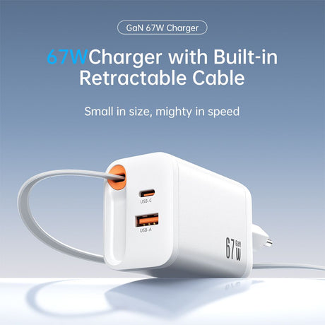 SiGN 65W Hurtiglader GaN med udtrækbar USB-C kabel Hvid