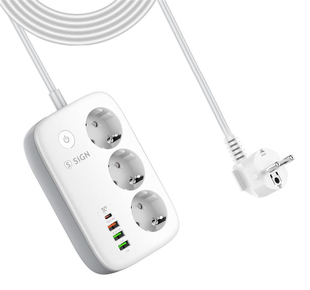 SiGN Smart WiFi 3-vejs Stikdåse 30W USB-A/USB-C 1,5m