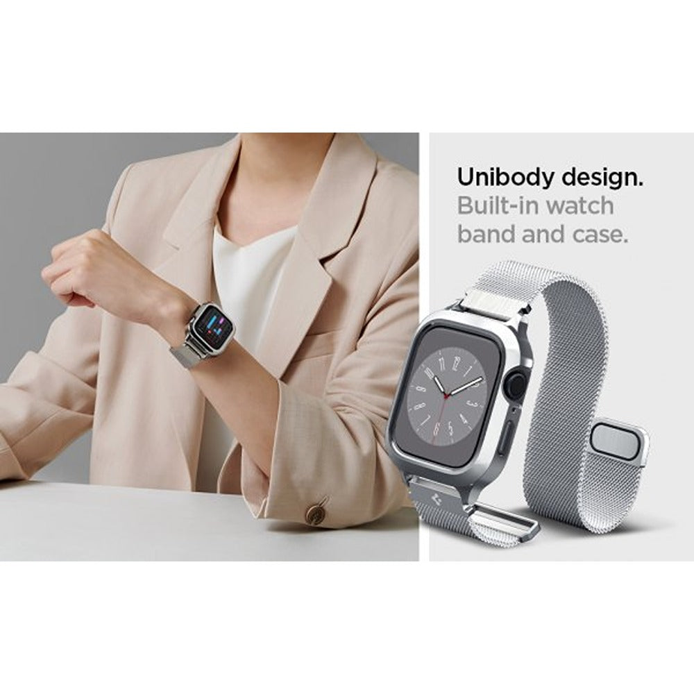 Spigen Apple Watch 45mm Cover med Rem Metal Fit Pro Silver
