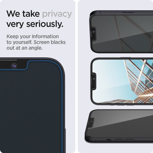 Spigen iPhone 13/13 Pro/14/16e/17e Skærmbeskytter GLAS.tR EZ Fit Privacy 2-pack
