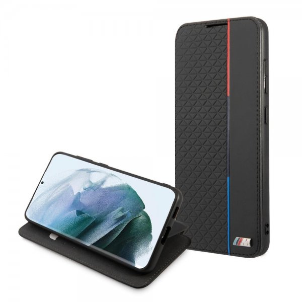 BMW Samsung Galaxy S21 FE Etui Trekantmønster & Trefarvet Stribe Sort