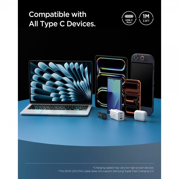 Spigen Essential Kabel USB-C til USB-C 60W 1m Hvid