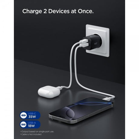 Spigen Essential Oplader 35W 1xUSB-C 1xUSB-A Sort