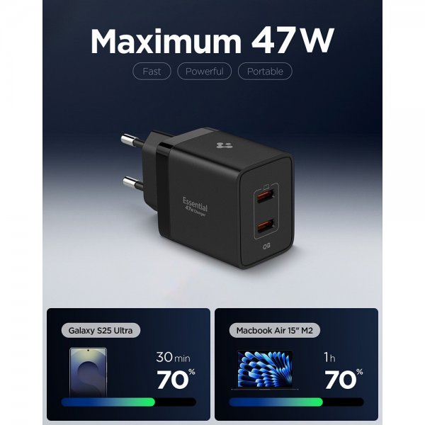 Spigen Essential Oplader 47W 2xUSB-C Sort
