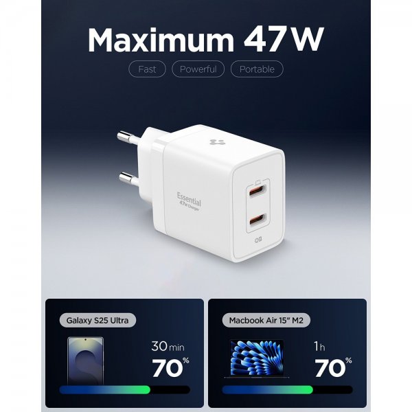 Spigen Essential Oplader 47W 2xUSB-C Hvid