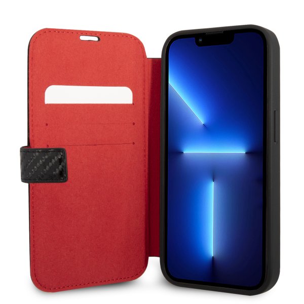 Ferrari iPhone 14 Pro Cover Carbon Effect Metal Logo Sort
