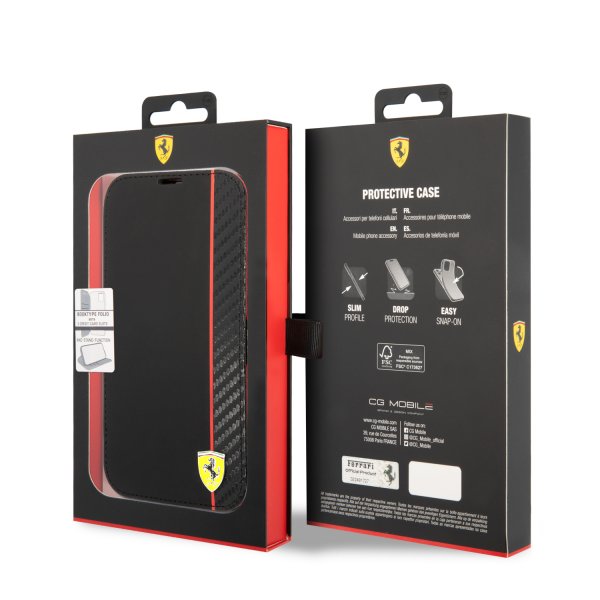 Ferrari iPhone 14 Pro Cover Carbon Effect Metal Logo Sort