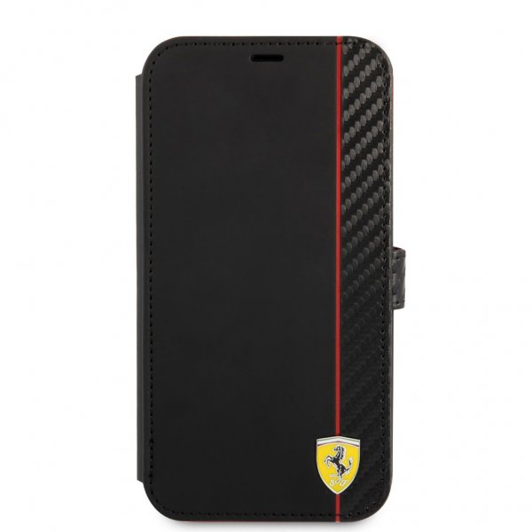 Ferrari iPhone 13 Etui Carbon Effect Metal Logo Vertical Stripe Sort