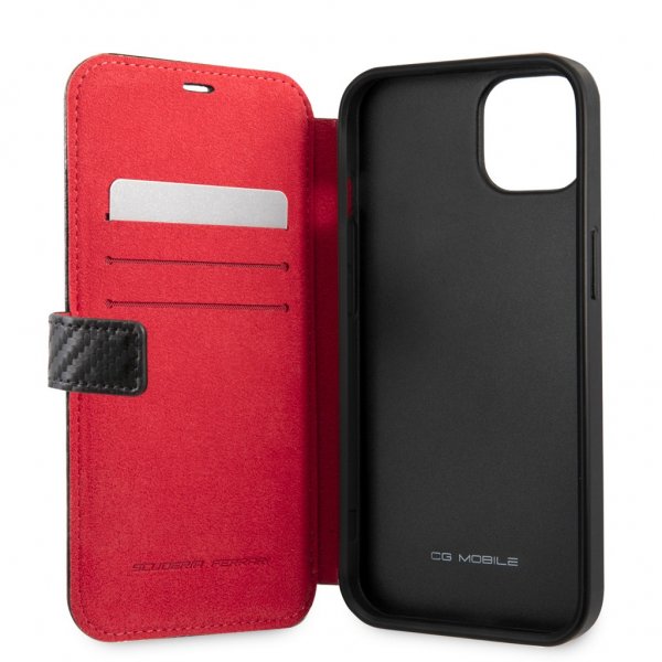 Ferrari iPhone 13 Etui Carbon Effect Metal Logo Vertical Stripe Sort