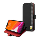 Ferrari iPhone 13 Mini Cover Carbon Effect Metal Logo Vertical Stripe Sort